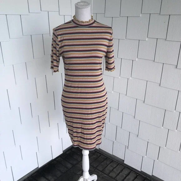 Socialite Women's Pink/Mustard Striped Lettuce Trim Mock Neck Bodycon Dress sz L - Picture 1 of 4